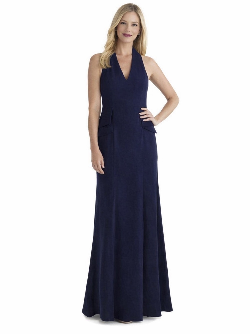 Vince Camuto Peplum Halter Gown Navy Desk to Dinner Cocktail Formal Maxi Dress